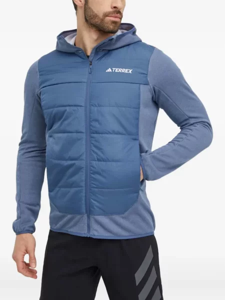 Geacă cu puf Adidas din piele de căprioară cu dungi cu glugă albastru