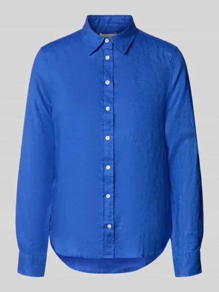 Bluzka lniana o kroju regular fit z wyhaftowanym logo Gant niebieska