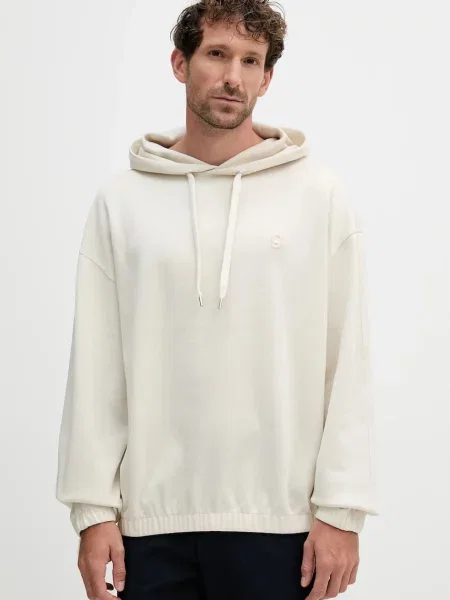 Bombažen pulover BOSS s kapuco bež