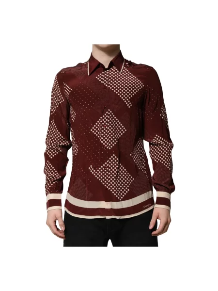 Jedwabna koszula Dolce And Gabbana z długim rękawem casual brązowa
