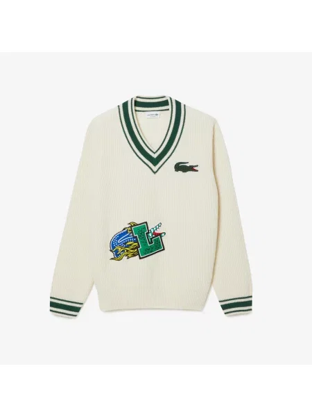 Lacoste Sweter Świąteczny W Pasy Z Dekoltem W Kształcie Litery V I Naszywką W Komiksowym Stylu biały