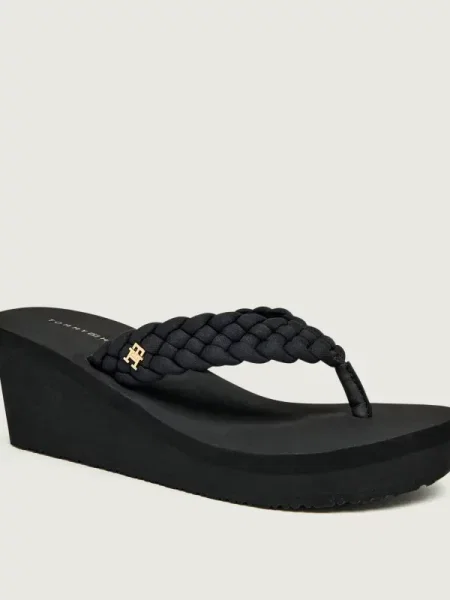 Șlapi Tommy Hilfiger cu pană țesuți negru