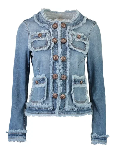 Kurtka jeansowa Maison Common z frędzli niebieska
