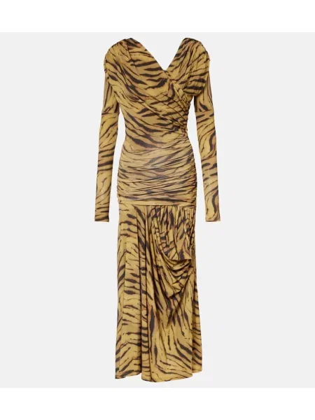 Sukienka maxi Ganni z nadrukiem asymetryczna drapowana beżowa