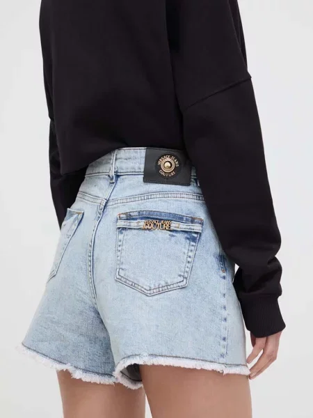 Versace Jeans Couture pantaloni scurti jeans femei neted high waist albastru