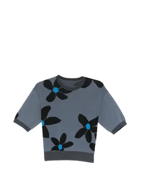 Tricou Less cu broderie cu model floral cu decolteu rotund albastru