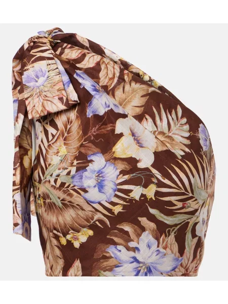 Top Zimmermann cu model floral cu un umăr gol maro