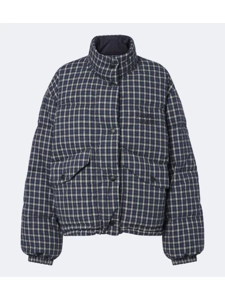 Reversibil geacă cu puf Miu Miu în carouri de flanelă albastru