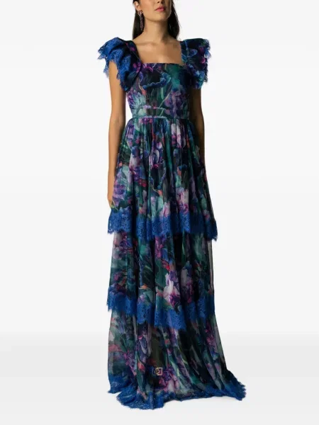Rochie maxi Miau By Clara Rotescu cu model floral cu imagine din dantelă albastru