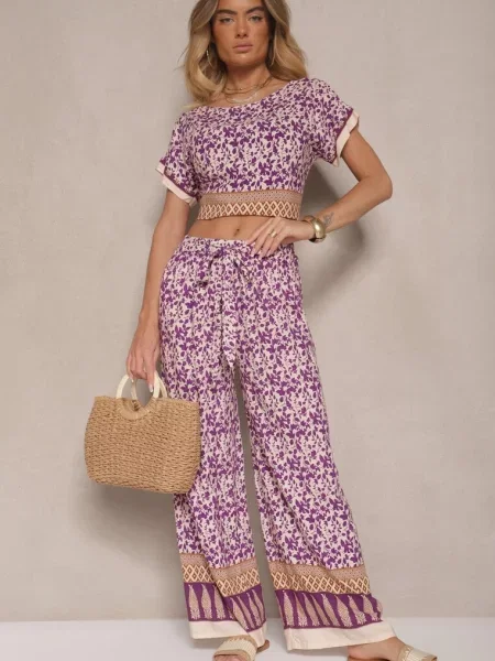 Komplet z Bawełny w Print Boho Szerokie Spodnie i Koszulka Telanitha fioletowy