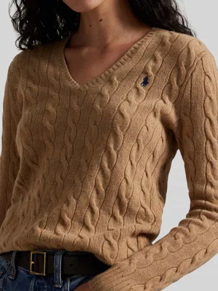 Bluzka z długim rękawem z imitacji dzianiny z domieszką kaszmiru model ‘KIMBERLY’ Polo Ralph Lauren beżowa