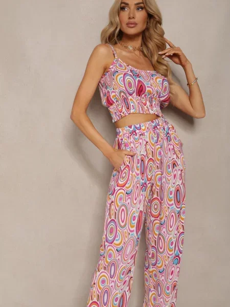Komplet Boho Krótki Top na Ramiączkach Długie Spodnie z Nogawkami Palazzo Miteri różowy