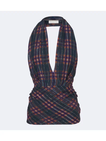 Top Dries Van Noten în carouri cu gât halter albastru