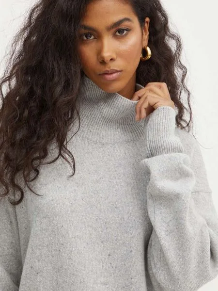 BOSS pulover de lana femei cu turtleneck gri