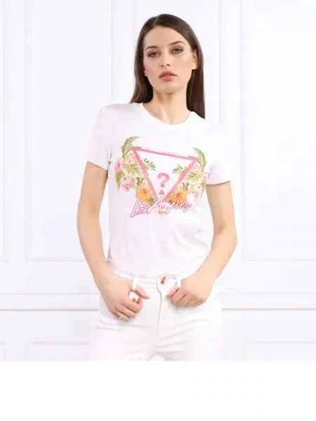 GUESS Tricou TRIANGLE FLOWERS alb