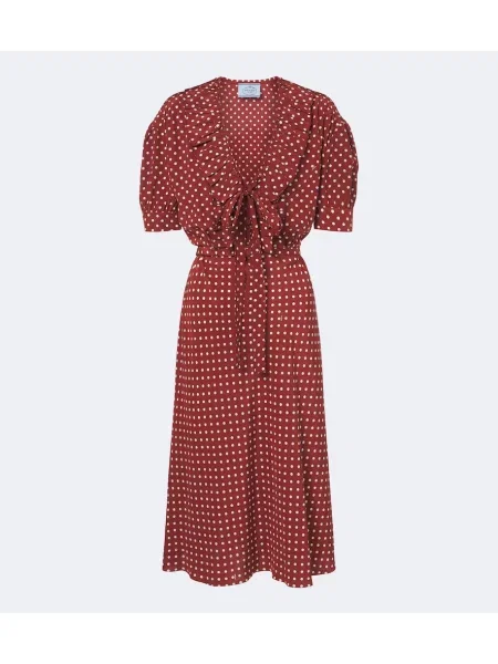 Rochie midi Prada de mătase cu buline cu volane maro
