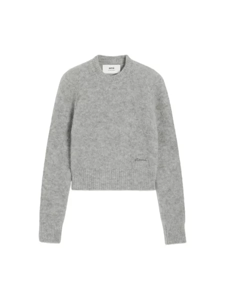 Sweter Ami Paris z okrągłym dekoltem z logo szary