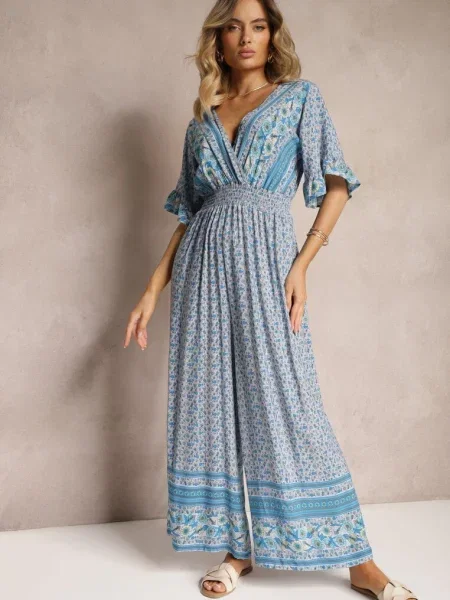 Kopertowy Kombinezon z Cienkimi Gumeczkami w Pasie Zapinany na Szyi Orithiama niebieski