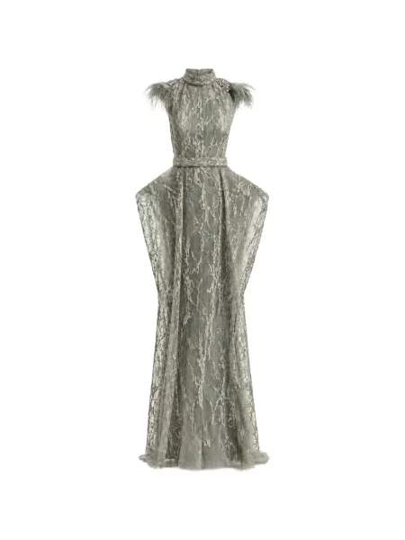 Rochie Gemy Maalouf cu pene din dantelă verde