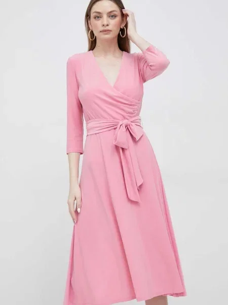 Рокля Lauren Ralph Lauren къс модел разкроен модел розово