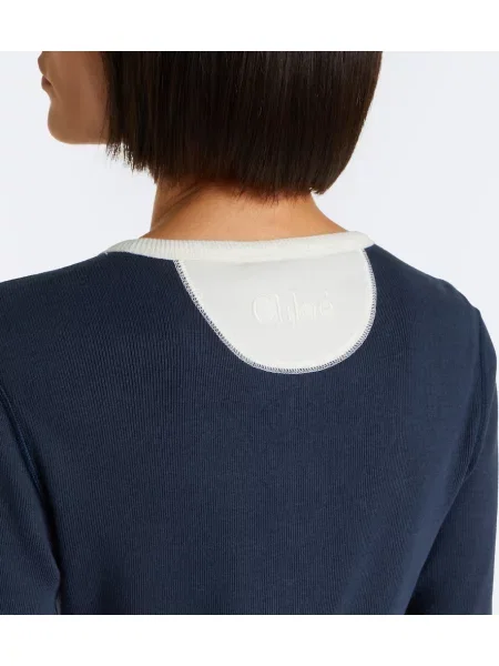 Cămașă Chloé tricotate cu guler henley albastru