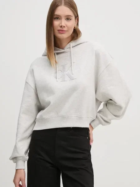 Суичър с качулка Calvin Klein Jeans с качулка с апликация сиво