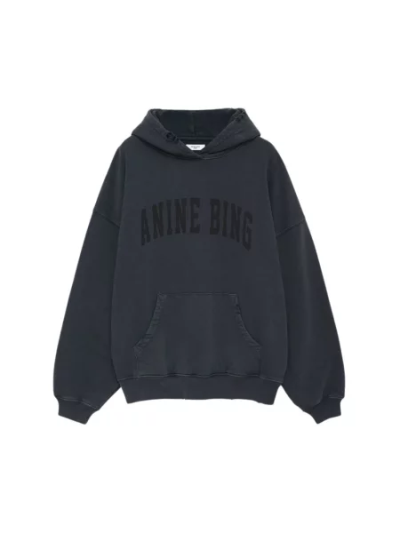 Anine Bing bluza Harvey Sweatshirt szary z kapturem z nadrukiem czarna