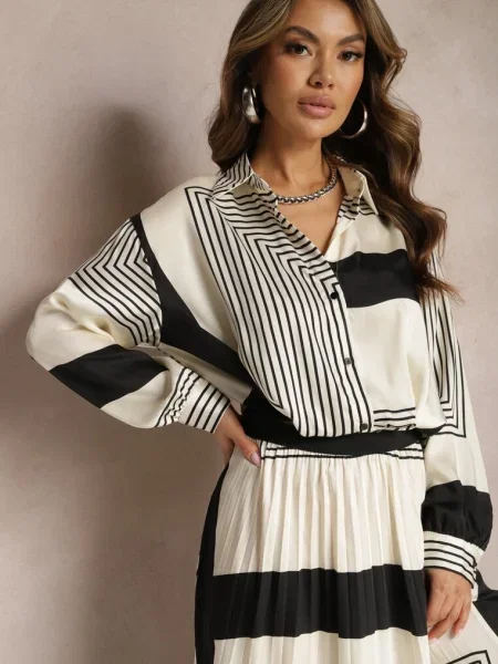 Bluză Bej-Negru cu Mâneci Bufante și Imprimeu Geometric Tavalora negru