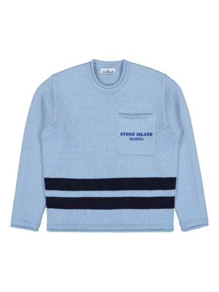Pulover Stone Island cu dungi cu decolteu rotund cu strasuri albastru