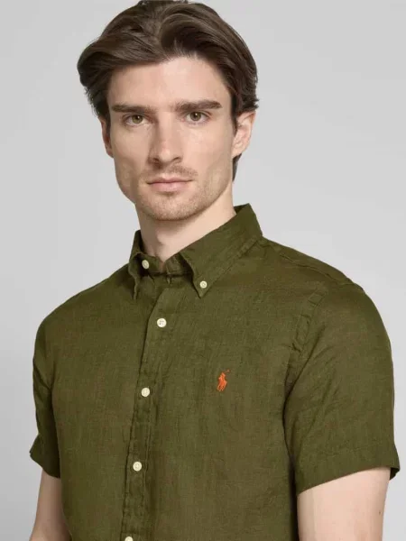 Koszula lniana o kroju custom fit z kołnierzykiem typu button down