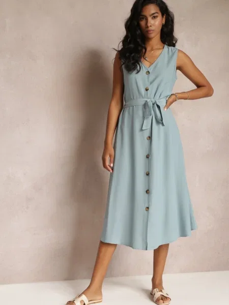 Rochie Trapez Midi Bleu Deschis fără Mâneci cu Cordon Ajana albastru