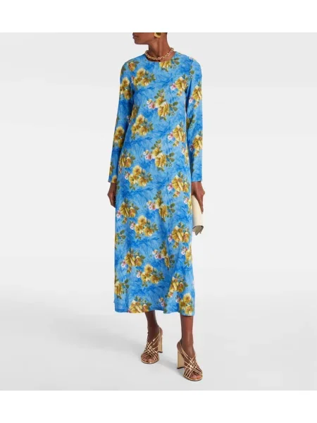 Rochie maxi La Doublej cu model floral de costum albastru