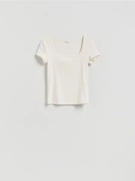 Reserved T-shirt z dekoltem karo złamana biel