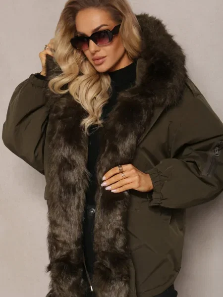Ciemnozielona Kurtka Parka Oversize z Futerkiem Horelle zielona