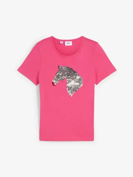 T-shirt dziewczęcy z obracanymi cekinami z bawełny organicznej różowa