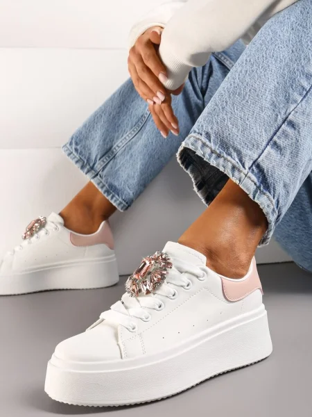 Sneakers Albi-Roz cu Talpă Groasă și Aplicație Decorativă cu Pietre Danthia alb