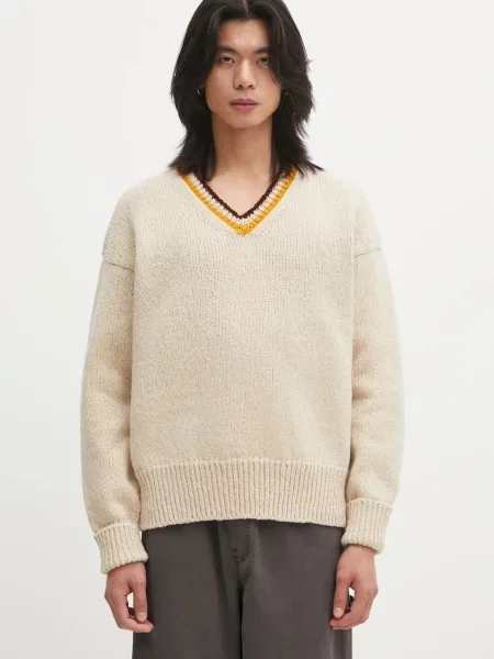 Visvim pulover de lână COLLEGE V-NECK bej