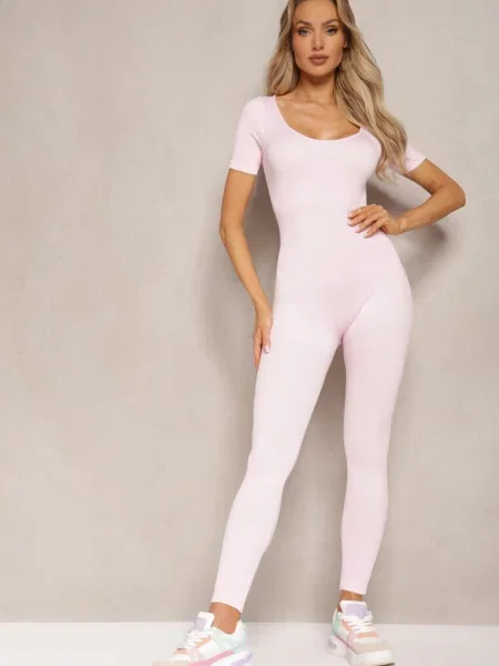 Prążkowany Kombinezon Bodycon z Długimi Nogawkami i Krótkimi Rękawami Vittone różowy