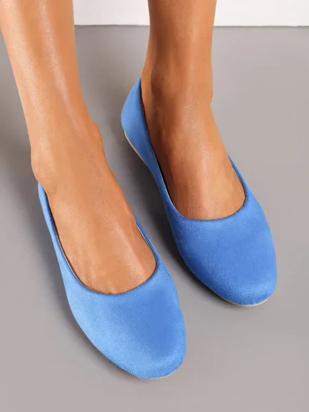 Balerini Clasici Bleumarin din Piele Întoarsă Ecologică cu Vârf Rotund Harneli albastru