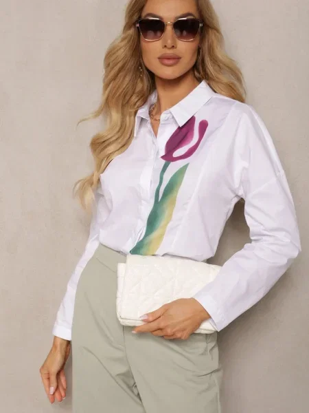 Cămașă din cu Imprimeu Lalele Aneida alb