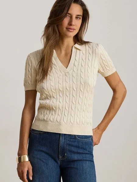 Lauren Ralph Lauren pulover cu mânecă scurtă pentru femei cu vâscoză bej