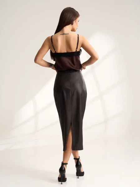 Спідниця міді ISSA Plus темно-коричневий екошкіра коричнева