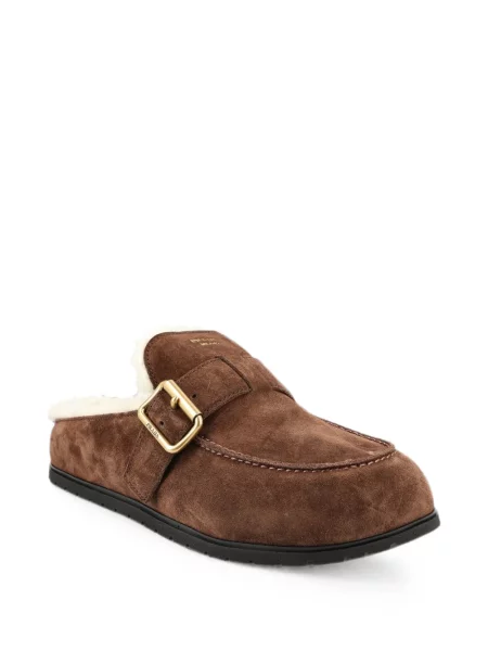 Papuci tip mules Prada cu cataramă din piele de oaie maro