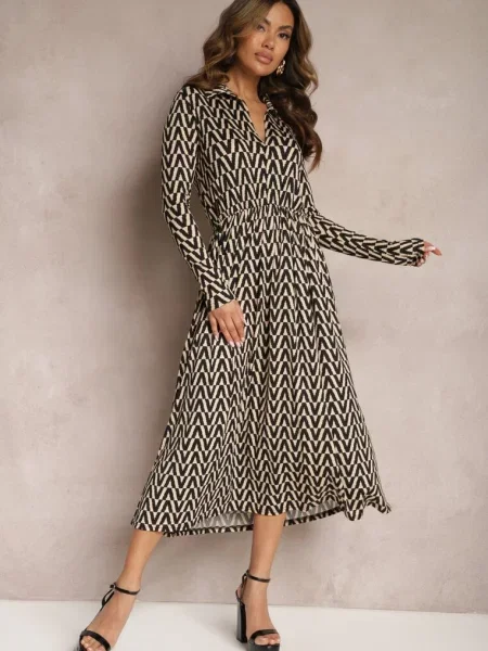 Rochie bej-neagră cloș cu imprimeu tigru Chipha negru