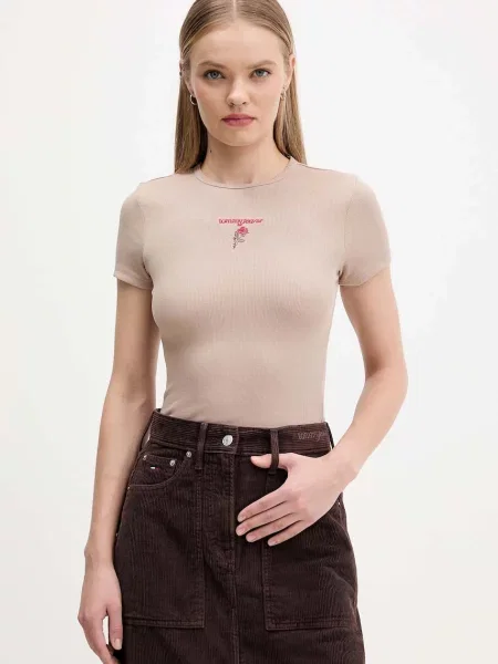 Тениска Tommy Jeans дамска кафяво бежово