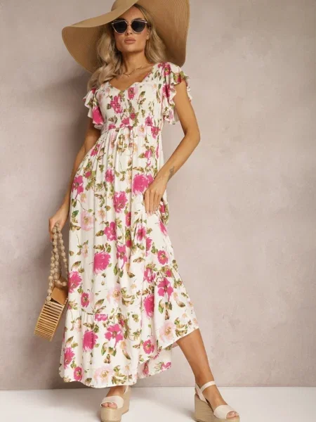 Rochie midi cloș deschis cu imprimeu floral Veradisia bej