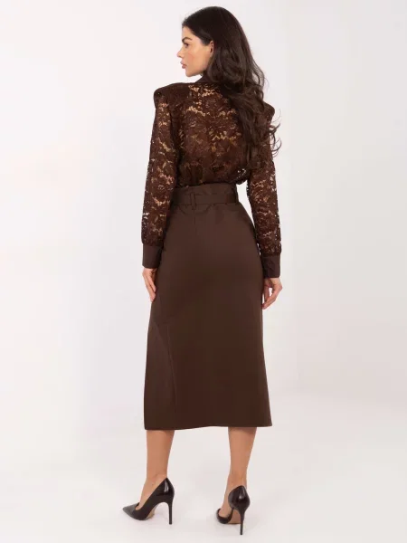 Fustă midi Rue Paris până la genunchi cu crăpătură maro