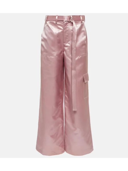 Satynowe spodnie Staud z wysoką talią różowe