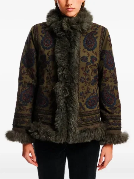 Geacă Antik Batik cu model paisley cu blană verde