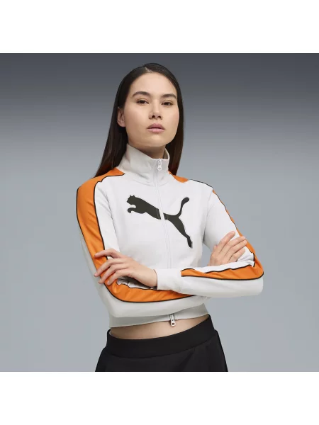Bluza dresowa FUTURE.PUMA.ARCHIVE T7 o skróconym wąskim kroju Odzież Silver Mist/Pomarańczowy Glo S pomarańczowa